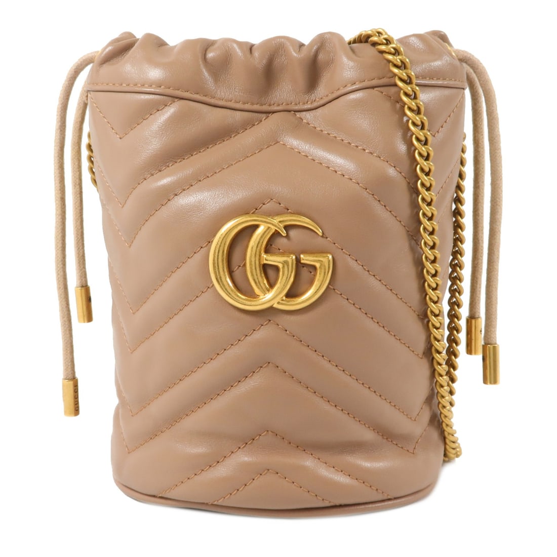 Gucci GG Marmont 575163 mini bucket shoulder bag calfskin gray taupe: Gucci GG Marmont 575163 mini bucket shoulder bag calfskin gray taupe Gucci GG Marmont mini bucket shoulder bag in taupe and gray calfskin. This women's bag features a compact bucket silhouette with an