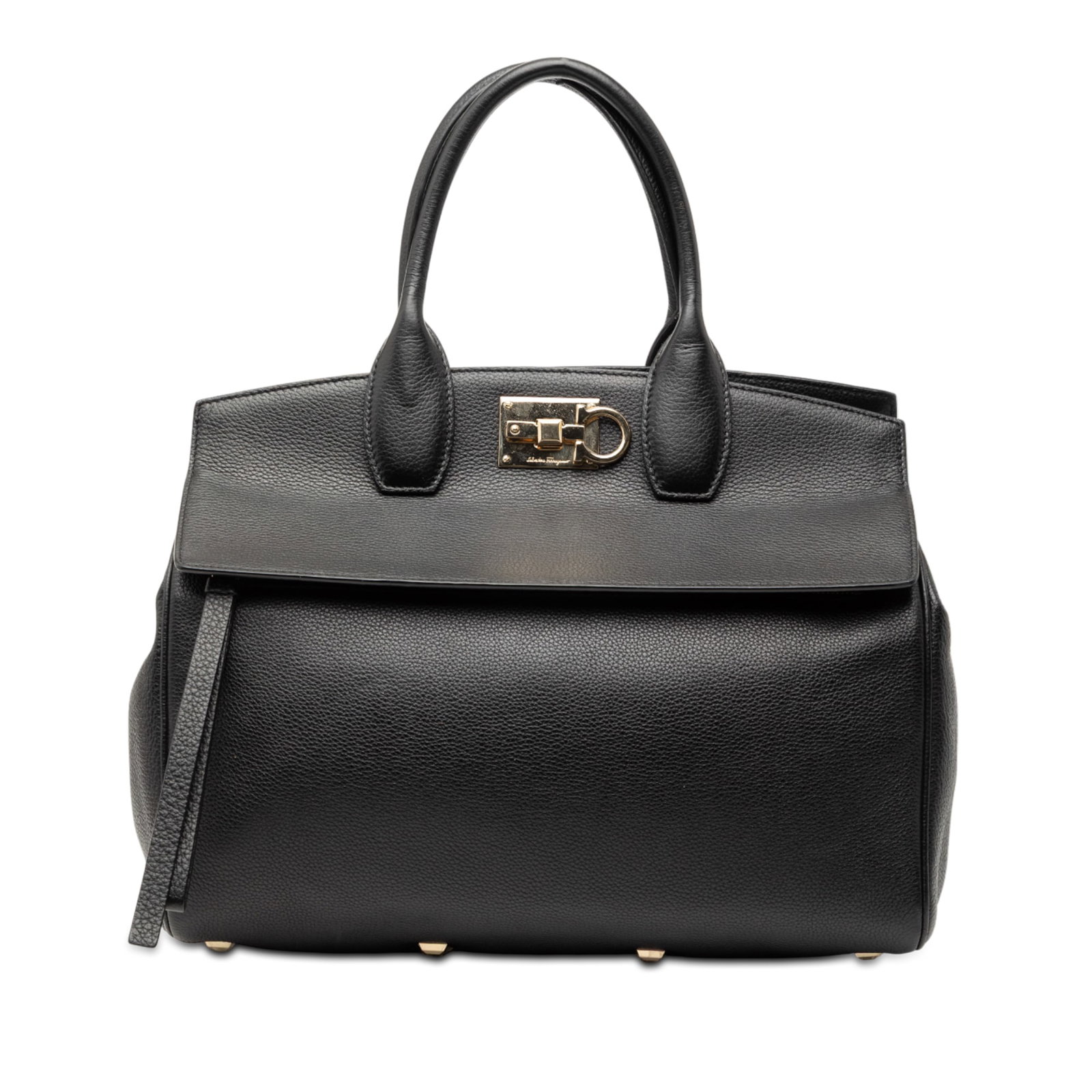 Black Leather Studio Satchel by Ferragamo with Front Zip Pocket: Black Leather Studio Satchel by Ferragamo with Front Zip Pocket This Ferragamo Studio Satchel features a black leather body with rolled leather handles, an open top secured by a metal lock closure, an
