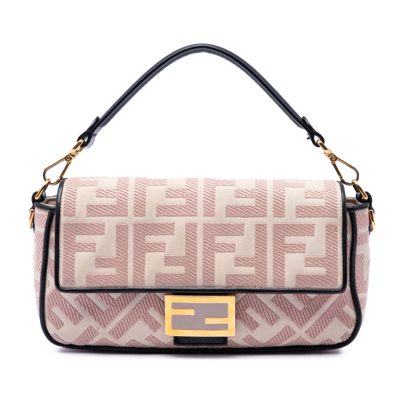 Fendi Zucca Baguette Satchel in Pink Embroidered Canvas: Fendi Zucca Baguette Satchel in Pink Embroidered Canvas Fendi Zucca Baguette satchel crafted with an embroidered canvas body and leather trim. It features a detachable leather top handle, a front flap