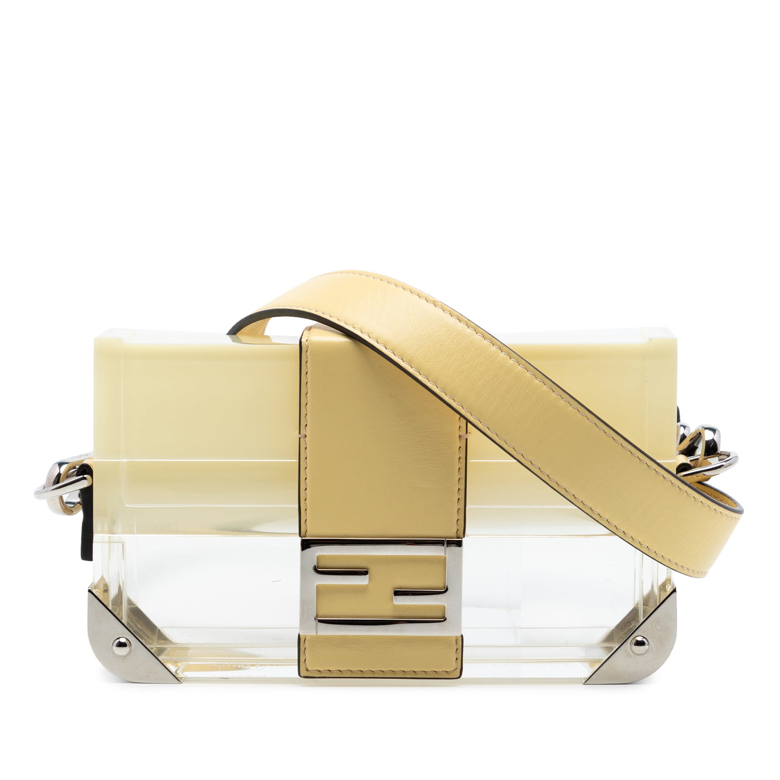 Fendi Mini Acrylic Trunk Baguette Crossbody Bag: Fendi Mini Acrylic Trunk Baguette Crossbody Bag This Fendi Mini Acrylic Vitello Trunk Baguette Crossbody features a structured acrylic body in yellow, complemented by a detachable flat leather strap. 