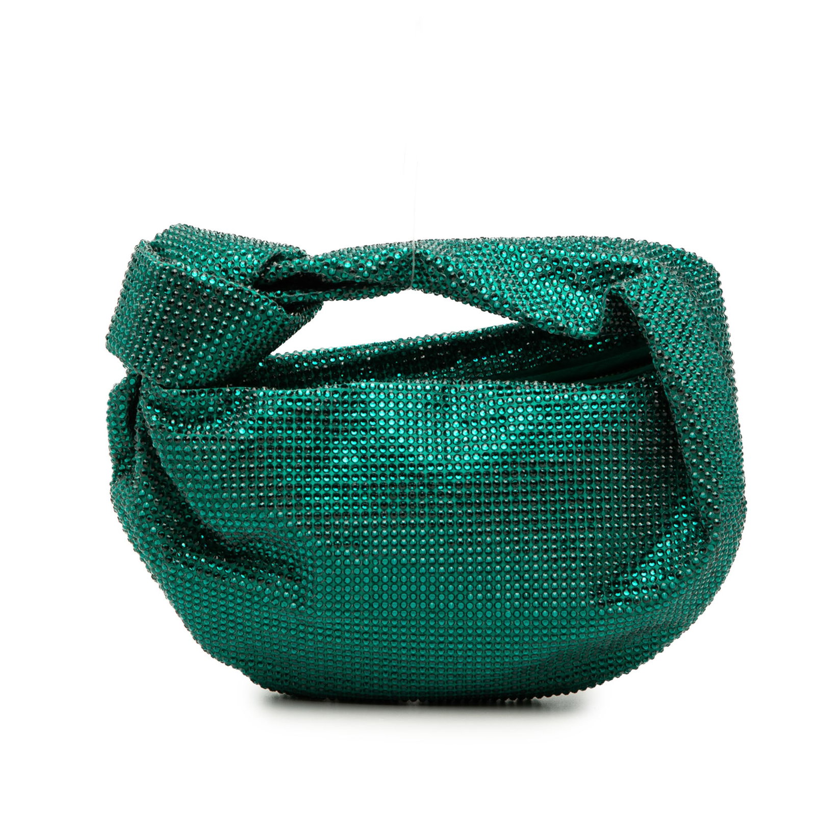 Green satin mini bag Bottega Veneta Jodie crystal embellished: Green satin mini bag Bottega Veneta Jodie crystal embellished Mini Jodie bag in green satin with crystal embellishment, featuring a knotted handle and top zip closure. Made in Italy. Condition AB with