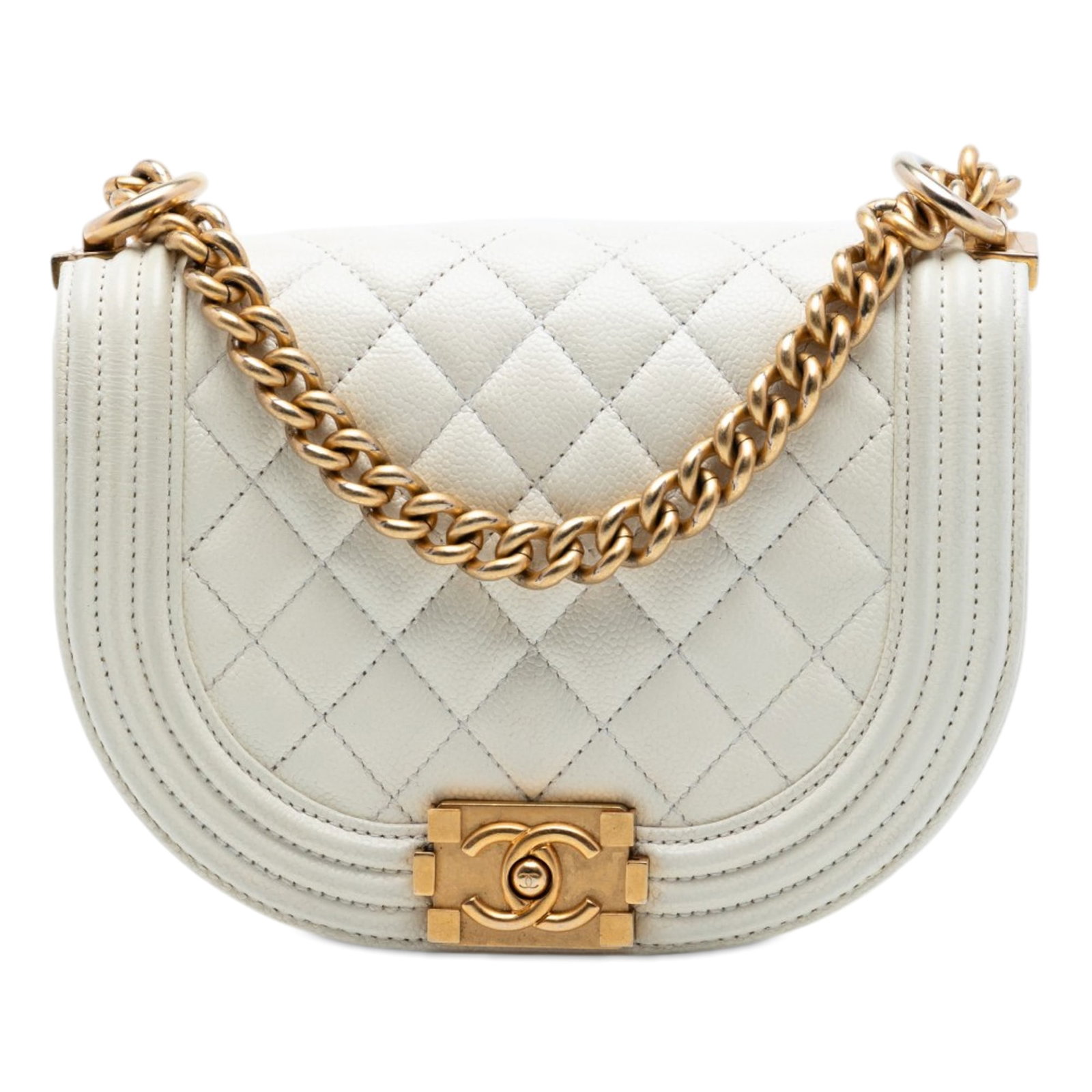 Chanel Boy Mini Crossbody Bag in White Quilted Caviar Leather: Chanel Boy Mini Crossbody Bag in White Quilted Caviar Leather A Chanel Mini Quilted Caviar Boy Messenger Bag crafted in white quilted caviar leather. This crossbody style features a gold-tone curb cha