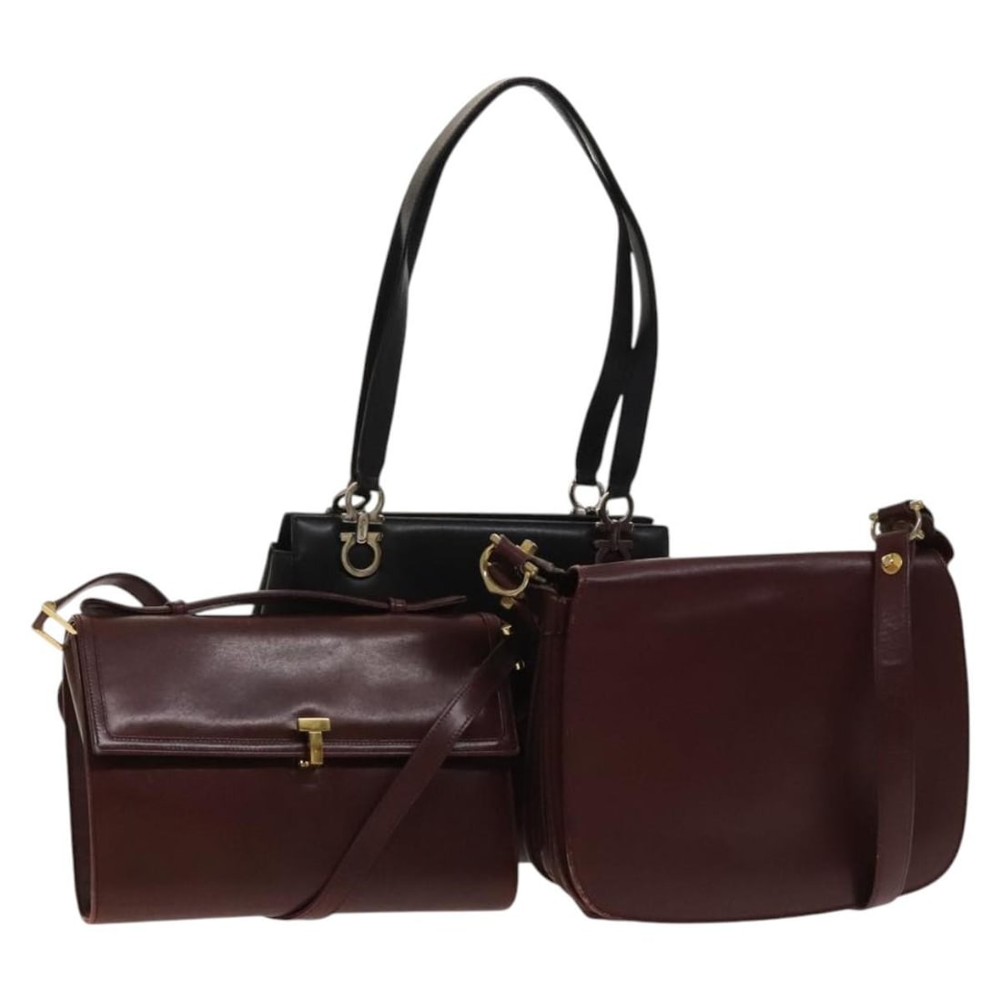 Salvatore Ferragamo Gancini Leather Shoulder Bag Set Black Bordeaux Auth: Salvatore Ferragamo Gancini Leather Shoulder Bag Set Black Bordeaux Auth Elevate your style with this Salvatore Ferragamo Gancini Shoulder Bag set, featuring a striking black and bordeaux leather exte