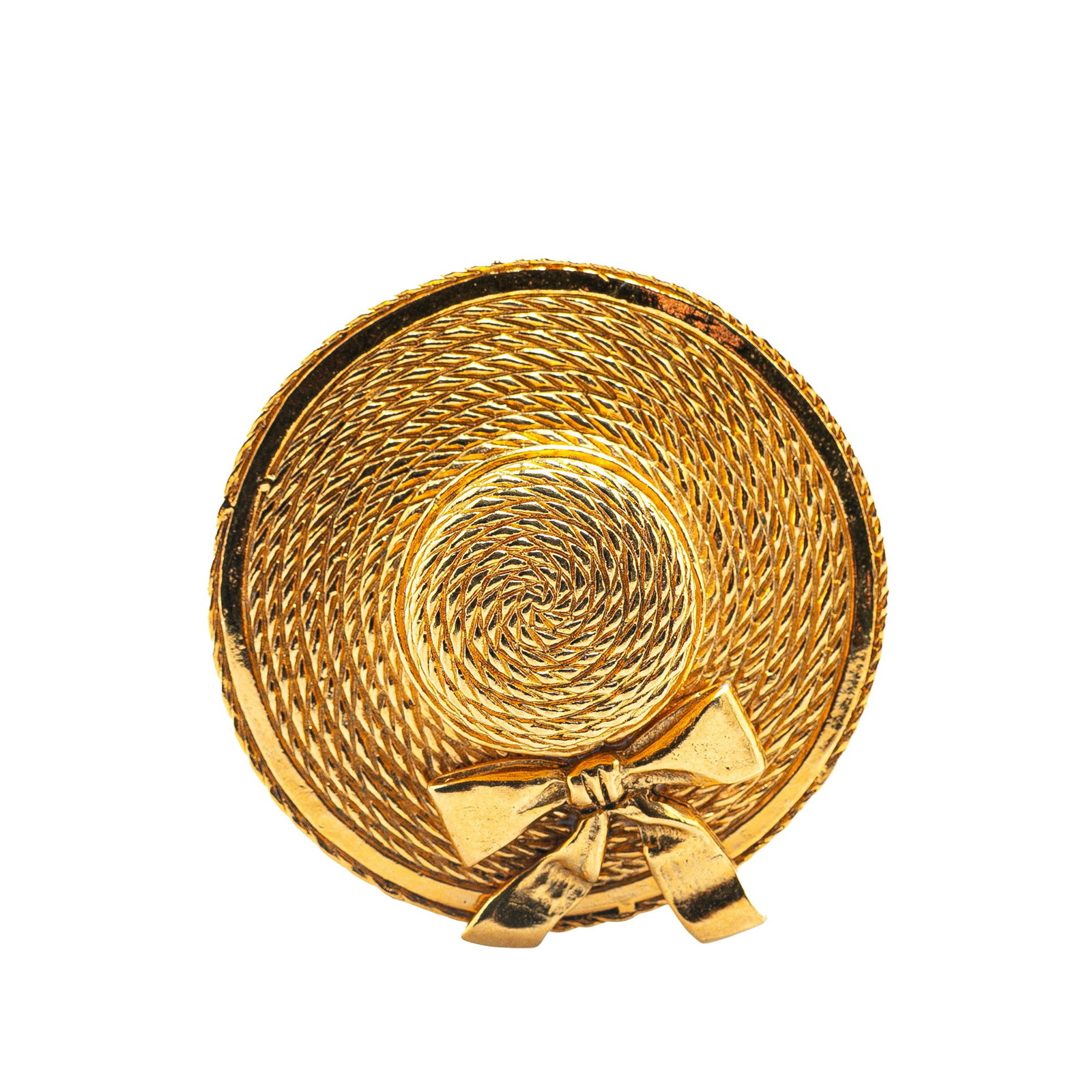 Chanel gold plated straw hat fashion brooch: Chanel gold plated straw hat fashion brooch This Chanel brooch is crafted with a gold plated metal body, designed in the shape of a straw hat. It features a secure back pin closure and is finished in 