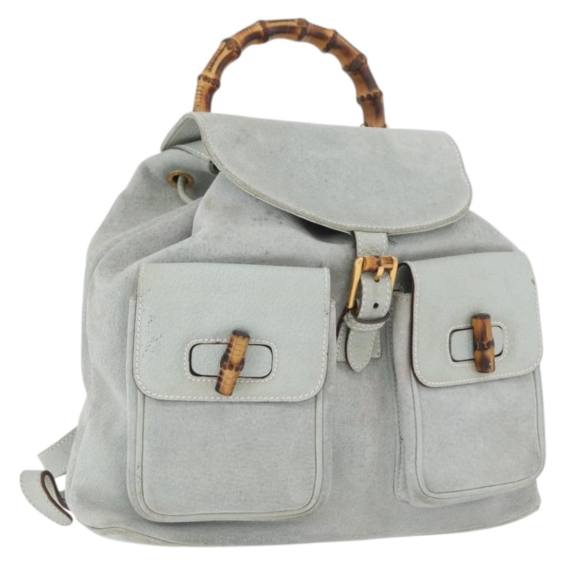 Gucci 003 2058 0016 suede bamboo backpack light blue gold: Gucci 003 2058 0016 suede bamboo backpack light blue gold Gucci bamboo backpack in light blue suede with gold-tone accents. Made in Italy, this women's backpack shows heavy use with visible wear throu