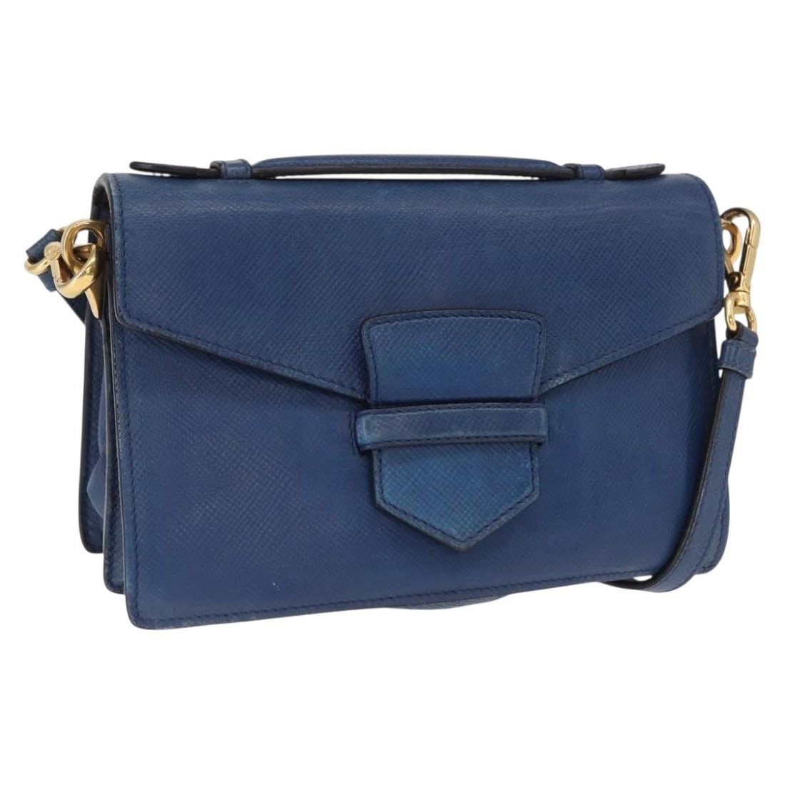 PRADA Saffiano Leather 2 Way Handbag Blue with Shoulder Strap: PRADA Saffiano Leather 2 Way Handbag Blue with Shoulder Strap Prada 2-way handbag in blue Saffiano leather with gold-tone accents. This women's bag includes a shoulder strap and can be carried by the 