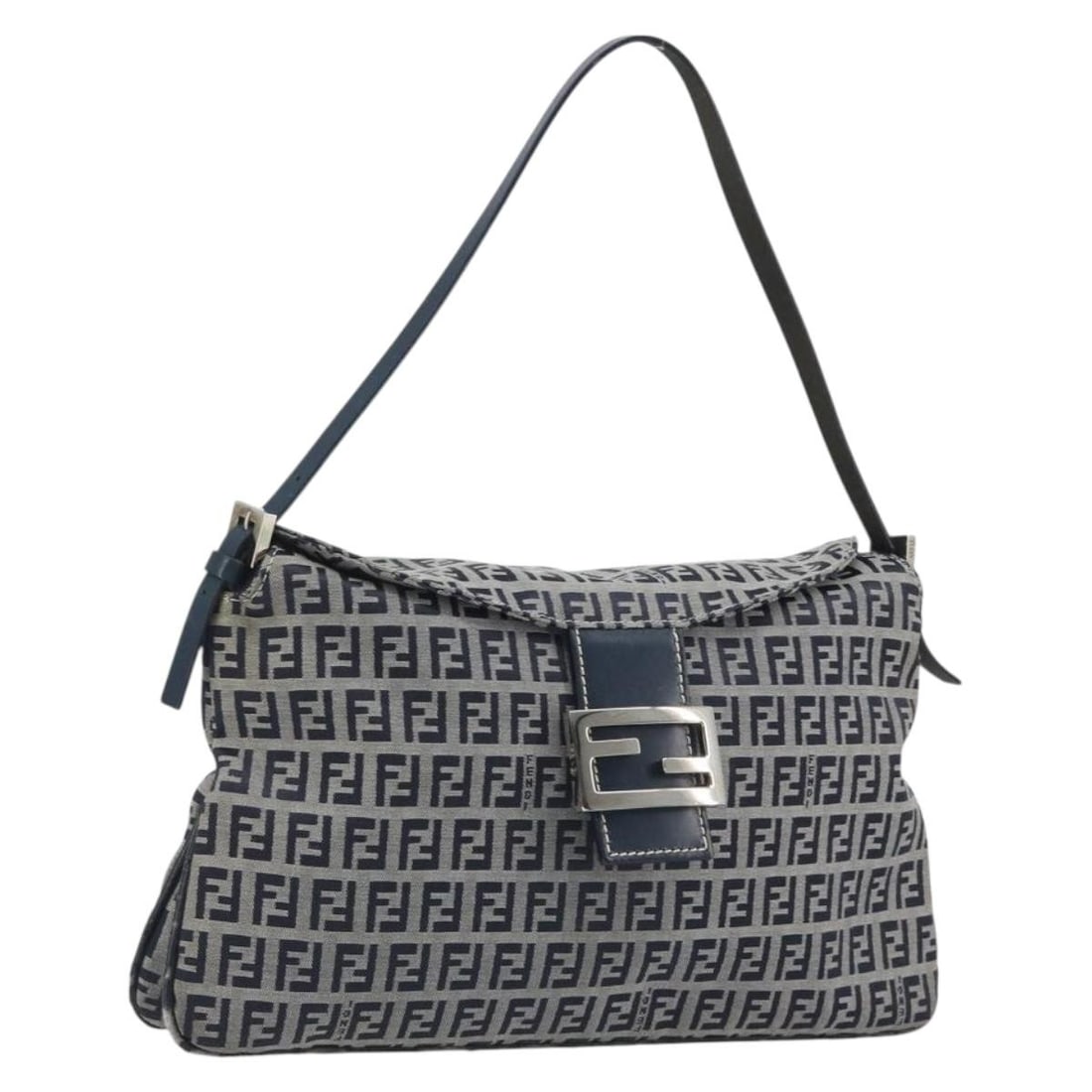 FENDI Mamma Baguette Navy Silver Zucchino Canvas Shoulder Bag: FENDI Mamma Baguette Navy Silver Zucchino Canvas Shoulder Bag Authentic Fendi Mamma Baguette shoulder bag in navy and silver Zucchino canvas. This women's shoulder bag is made in Italy and includes on