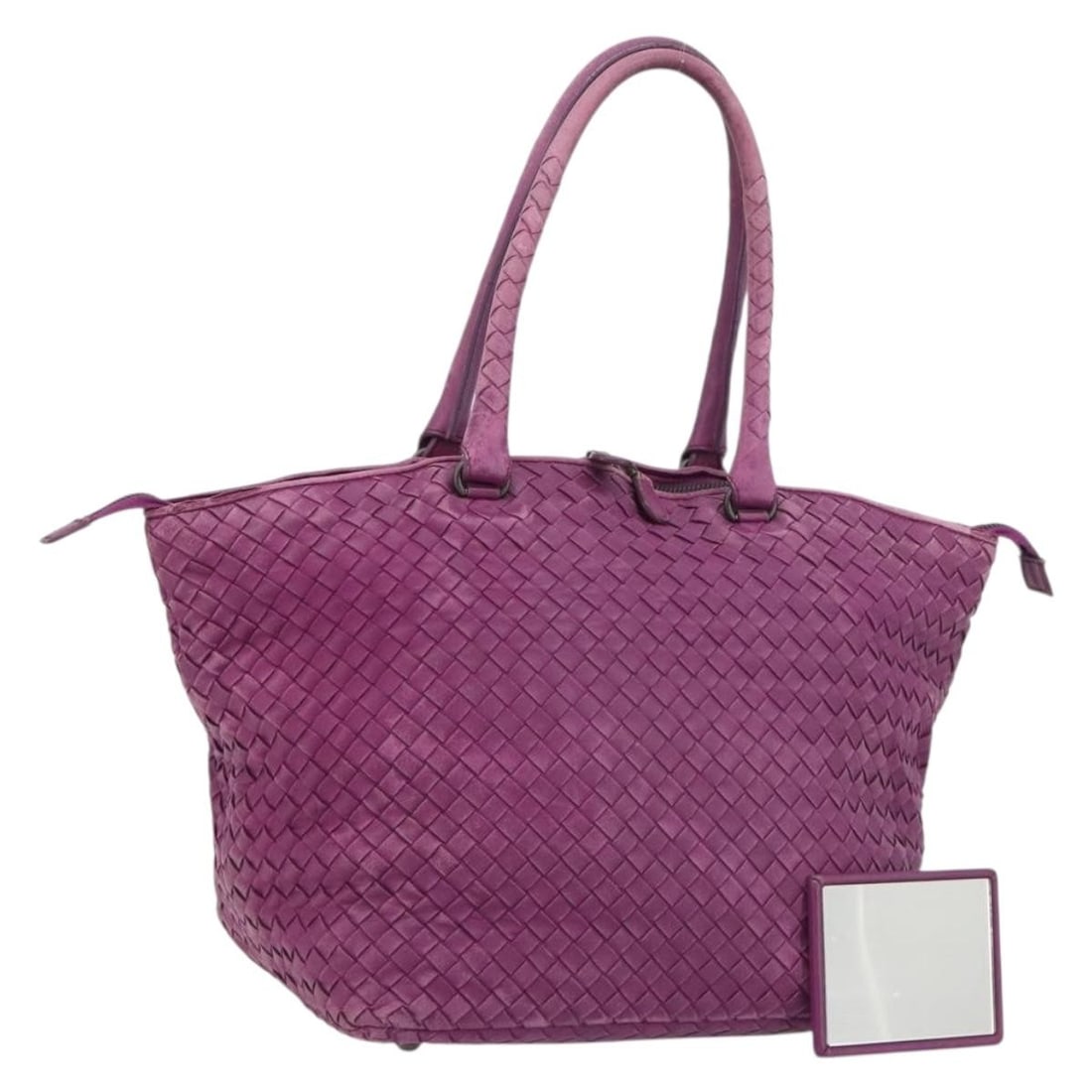 Bottega Veneta Intrecciato Purple Leather Tote Bag with Mirror: Bottega Veneta Intrecciato Purple Leather Tote Bag with Mirror Bottega Veneta Intrecciato tote bag in purple leather, made in Italy. This women's tote includes a mirror accessory and features a handle