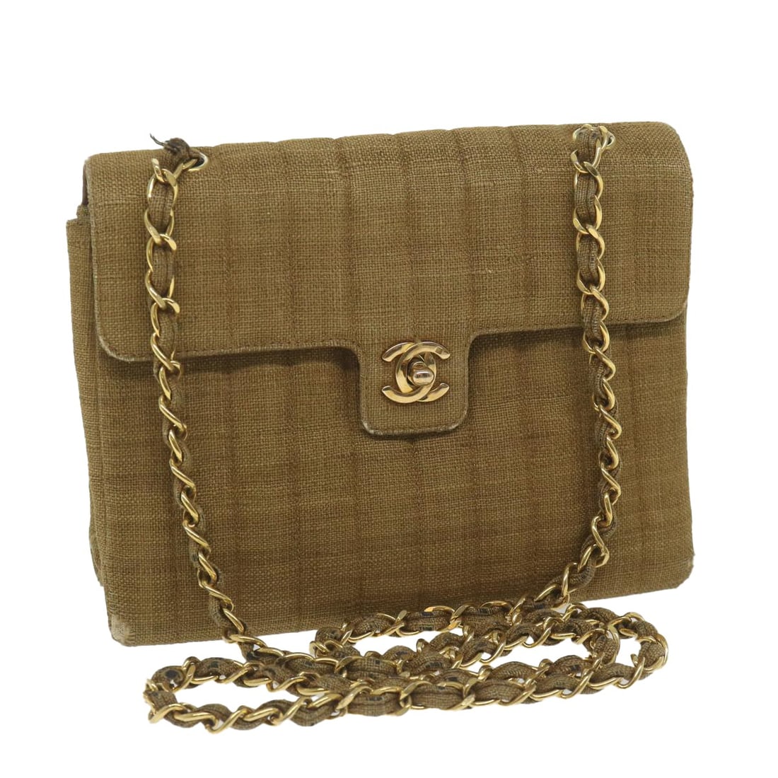 CHANEL Brown Canvas CC Chain Strap Shoulder Bag: CHANEL Brown Canvas CC Chain Strap Shoulder Bag Authentic Chanel chain shoulder bag in brown canvas with the classic CC design. Made in France, this women's shoulder bag shows heavy use with visible r