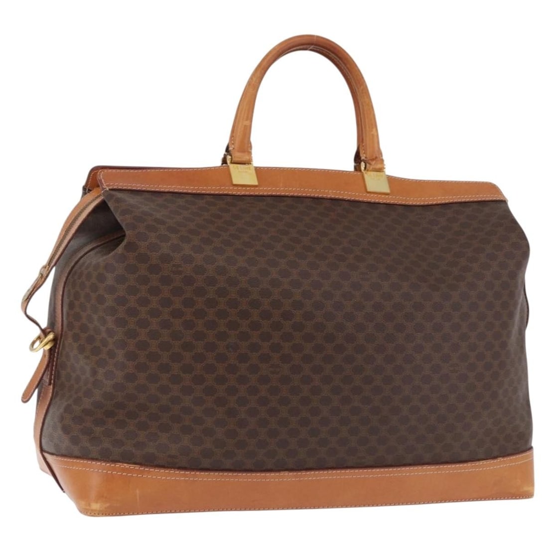 CELINE Macadam Boston Bag Brown PVC Leather Gold Tone: CELINE Macadam Boston Bag Brown PVC Leather Gold Tone Authentic CELINE Macadam canvas Boston bag in brown with gold-tone accents, crafted from PVC leather and made in Italy. This women's bag shows hea