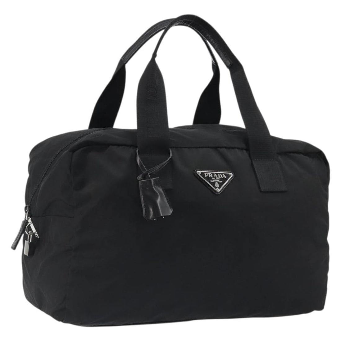 PRADA nylon Boston bag black with silver tone padlock and keys: PRADA nylon Boston bag black with silver tone padlock and keys Authentic Prada Boston bag in black nylon with silver-tone accents. Made in Italy, this women's handbag includes a dust bag, padlock, two