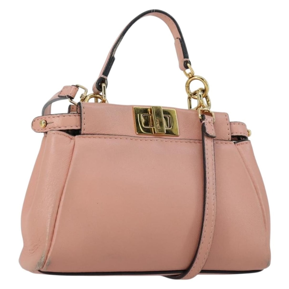 FENDI Peekaboo Micro 2way Leather Handbag Pink Gold Tone Strap: FENDI Peekaboo Micro 2way Leather Handbag Pink Gold Tone Strap Fendi Micro Peek A Boo handbag in leather with a pink and gold exterior. This 2way style includes a shoulder strap and is made in Italy. 