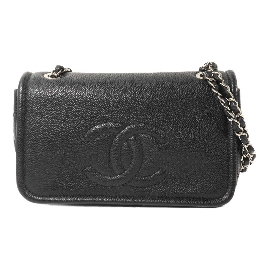 CHANEL CC Black Calfskin Shoulder Bag with Silver Tone Chain: CHANEL CC Black Calfskin Shoulder Bag with Silver Tone Chain Black calfskin shoulder bag with a CC design and chain strap. The bag features a magnetic pocket and an interior with one zip pocket and on