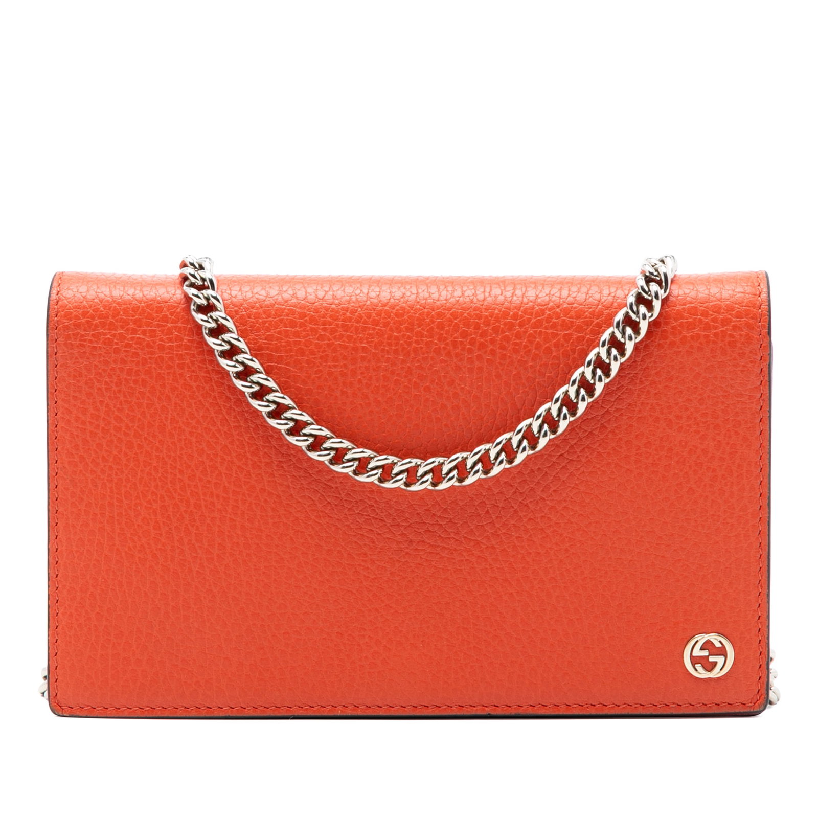 Gucci Betty Orange Leather Wallet with Chain Strap: Gucci Betty Orange Leather Wallet with Chain Strap This Gucci Leather Betty Wallet on Chain features an orange leather body with a chain-link strap, a front flap with a magnetic snap button closure, a
