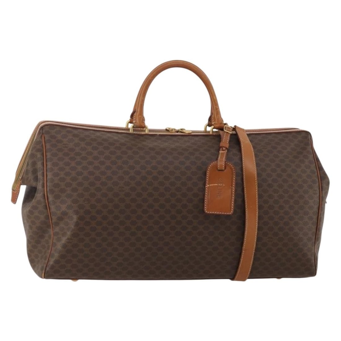 CELINE Macadam 2way Boston Bag Brown PVC Leather with Strap: CELINE Macadam 2way Boston Bag Brown PVC Leather with Strap Authentic CELINE Macadam 2-way Boston bag in brown with gold-tone accents, crafted from PVC leather and Macadam canvas. Made in Italy, this 