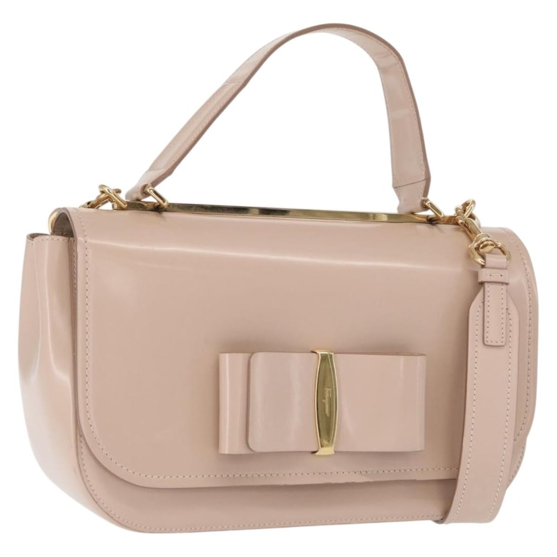 Salvatore Ferragamo Beige Leather Vala 2way Shoulder and Handbag with Strap: Salvatore Ferragamo Beige Leather Vala 2way Shoulder and Handbag with Strap This Salvatore Ferragamo Vala handbag is crafted from beige leather with gold-tone accents and features both top handles and