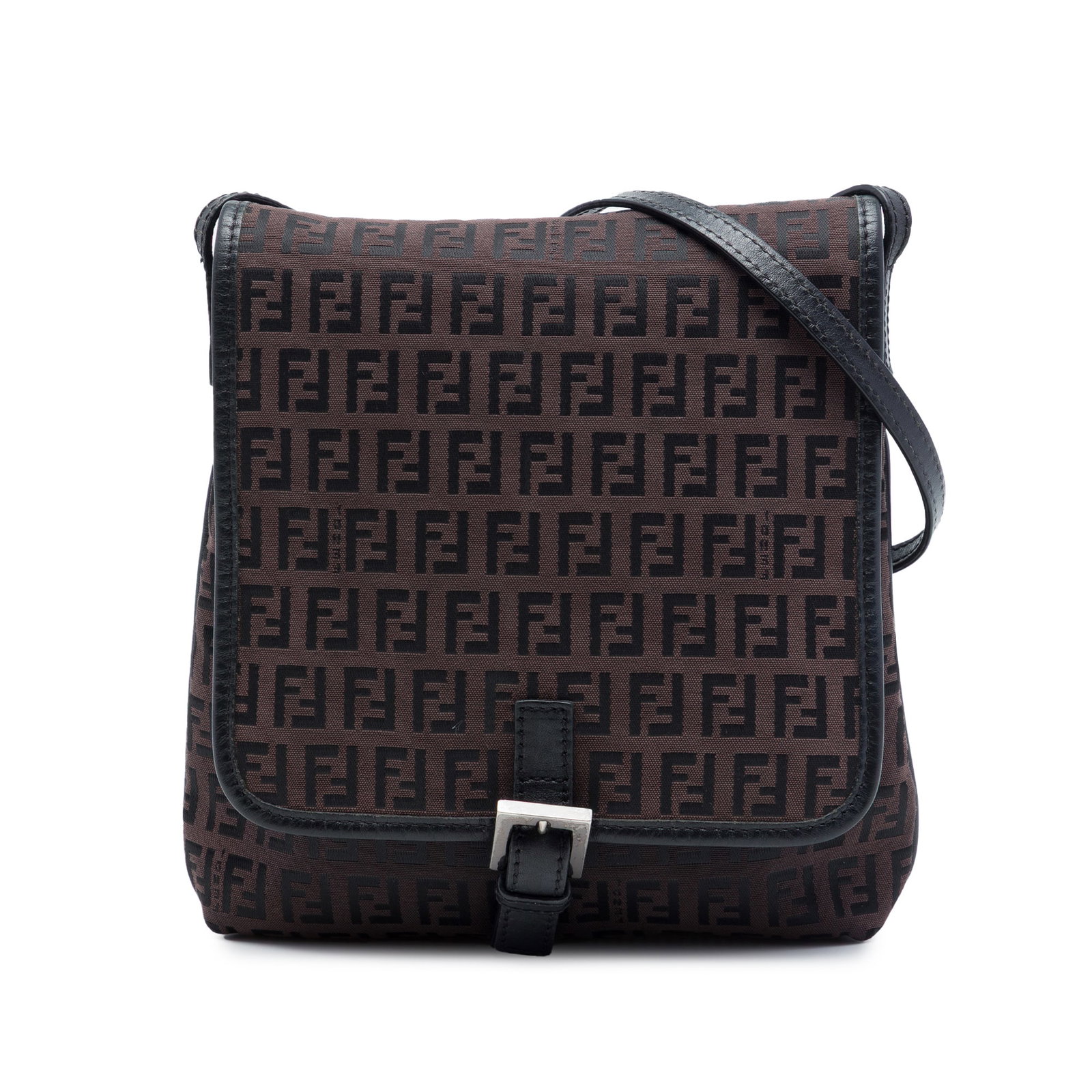 Fendi Zucchino Brown Canvas Crossbody Bag with Leather Trim: Fendi Zucchino Brown Canvas Crossbody Bag with Leather Trim Fendi Zucchino canvas crossbody bag with leather trim and an adjustable leather shoulder strap. The bag features a front flap with magnetic 