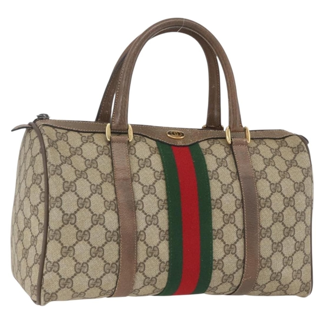 Gucci 39 02 007 GG Supreme Boston Bag Web Stripe Beige PVC: Gucci 39 02 007 GG Supreme Boston Bag Web Stripe Beige PVC Gucci GG Supreme Web Sherry Line Boston bag in beige and gold PVC leather with GG canvas. Made in Italy, this women's handbag is offered as t