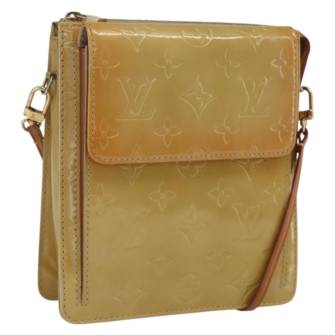 Beige Monogram Vernis Motto Accessory Pouch by Louis Vuitton with Strap M91136: Beige Monogram Vernis Motto Accessory Pouch by Louis Vuitton with Strap M91136 This Louis Vuitton Monogram Vernis Motto accessory pouch in beige patent leather features a compact and elegant design. I