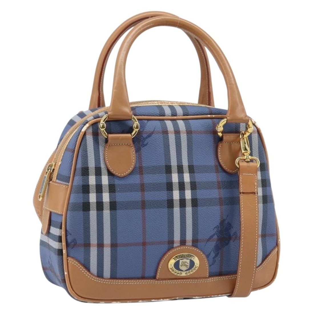 Burberrys Nova Check 2way Blue PVC Leather Handbag with Shoulder Strap: Burberrys Nova Check 2way Blue PVC Leather Handbag with Shoulder Strap Burberrys Nova Check hand bag in PVC leather with a blue and gold exterior. This 2-way style includes a shoulder strap and is mad