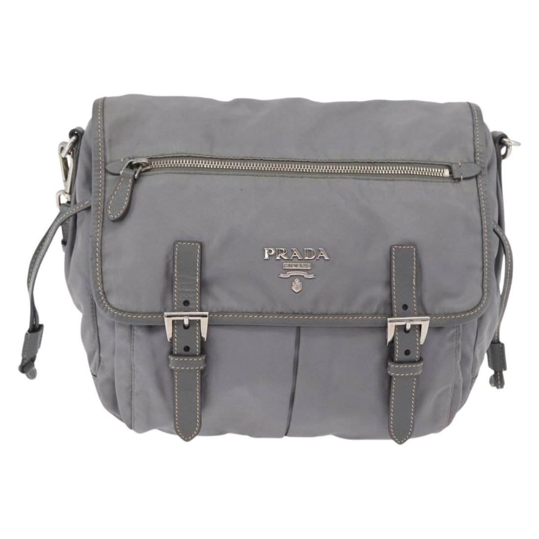 Prada Nylon Shoulder Bag Gray Silver Made in Italy: Prada Nylon Shoulder Bag Gray Silver Made in Italy Gray and silver Prada shoulder bag in nylon, made in Italy. The bag measures approximately 26 cm wide, 24 cm high, and 10 cm deep (10.2 x 9.4 x 3.9 i