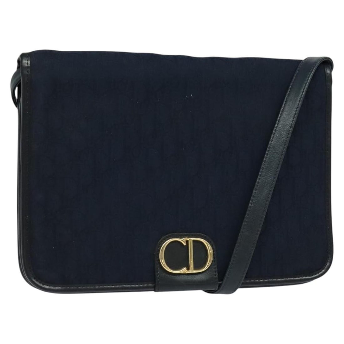 Christian Dior Navy Trotter Canvas Shoulder Purse with Gold Accents: Christian Dior Navy Trotter Canvas Shoulder Purse with Gold Accents This Christian Dior Trotter Canvas shoulder bag features a navy and gold color combination with the signature Dior monogram canvas. 