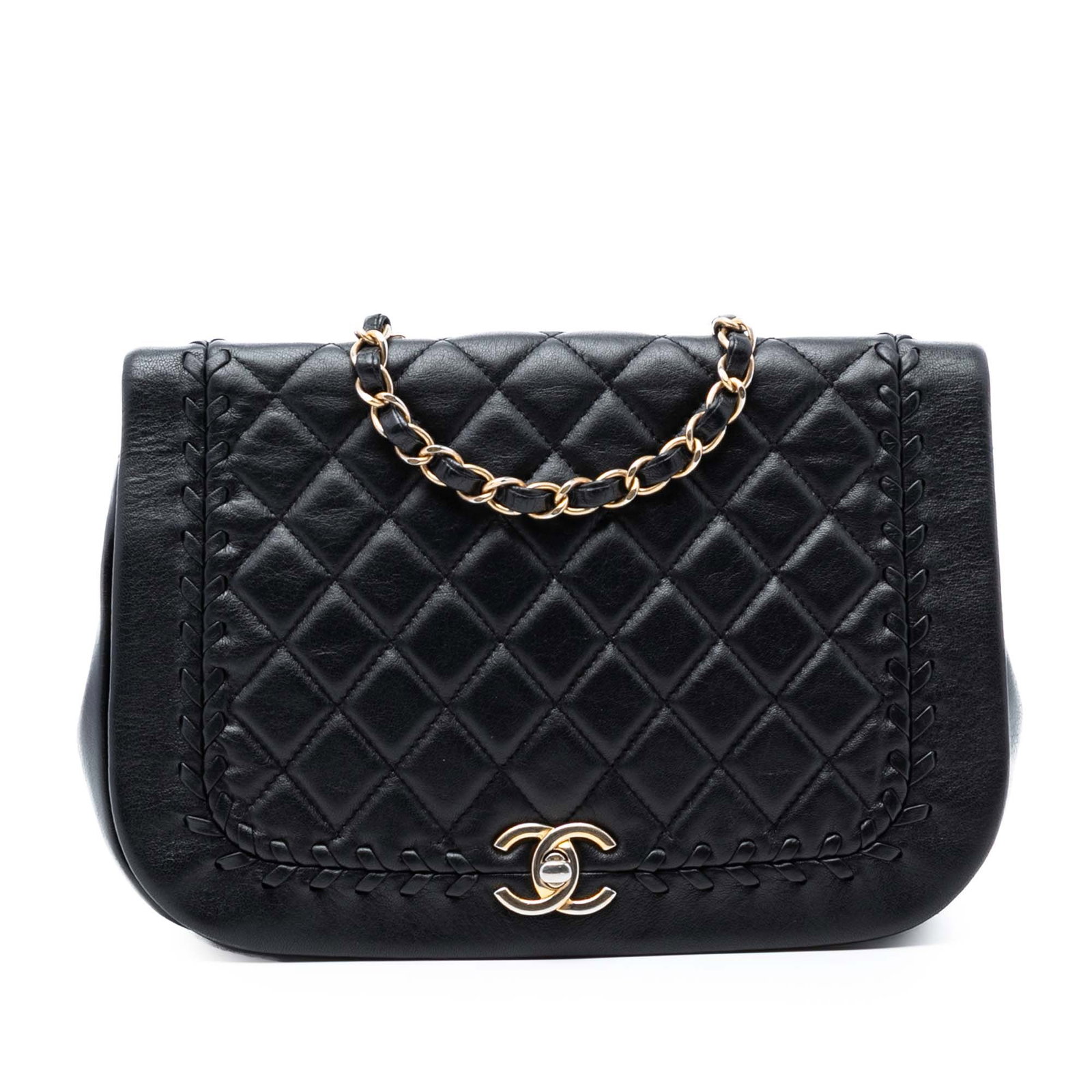 Chanel Black Quilted Lambskin Braided Saddle Flap Shoulder Bag: Chanel Black Quilted Lambskin Braided Saddle Flap Shoulder Bag This Chanel bag features a quilted lambskin leather body, leather-woven chain straps, a front flap with twist lock closure, and an interi