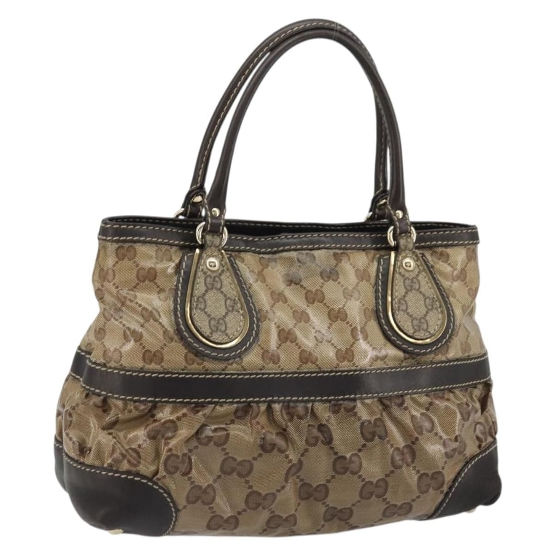 Gucci GG Crystal Beige Gold PVC Leather Handbag 223964: Gucci GG Crystal Beige Gold PVC Leather Handbag 223964 This is a Gucci GG Crystal handbag in beige and gold, crafted from PVC leather and GG canvas. The bag features dual top handles with a 5.9-inch (