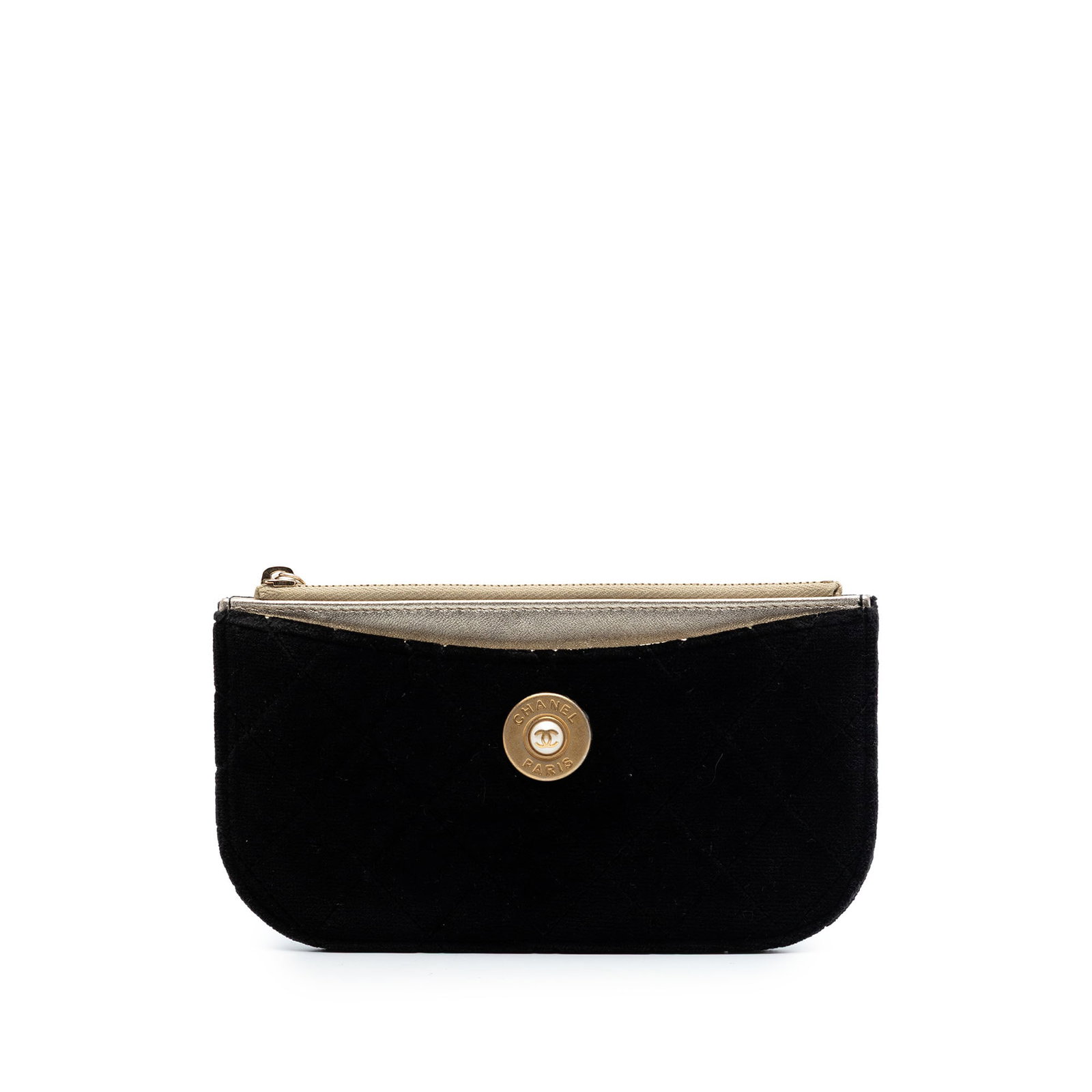 Chanel Medallion Small Quilted Velvet Zip Pouch Black: Chanel Medallion Small Quilted Velvet Zip Pouch Black A small quilted velvet zip pouch in black, featuring a top zip closure and interior slip pockets. Made in Italy, this SLG is crafted with a fabric