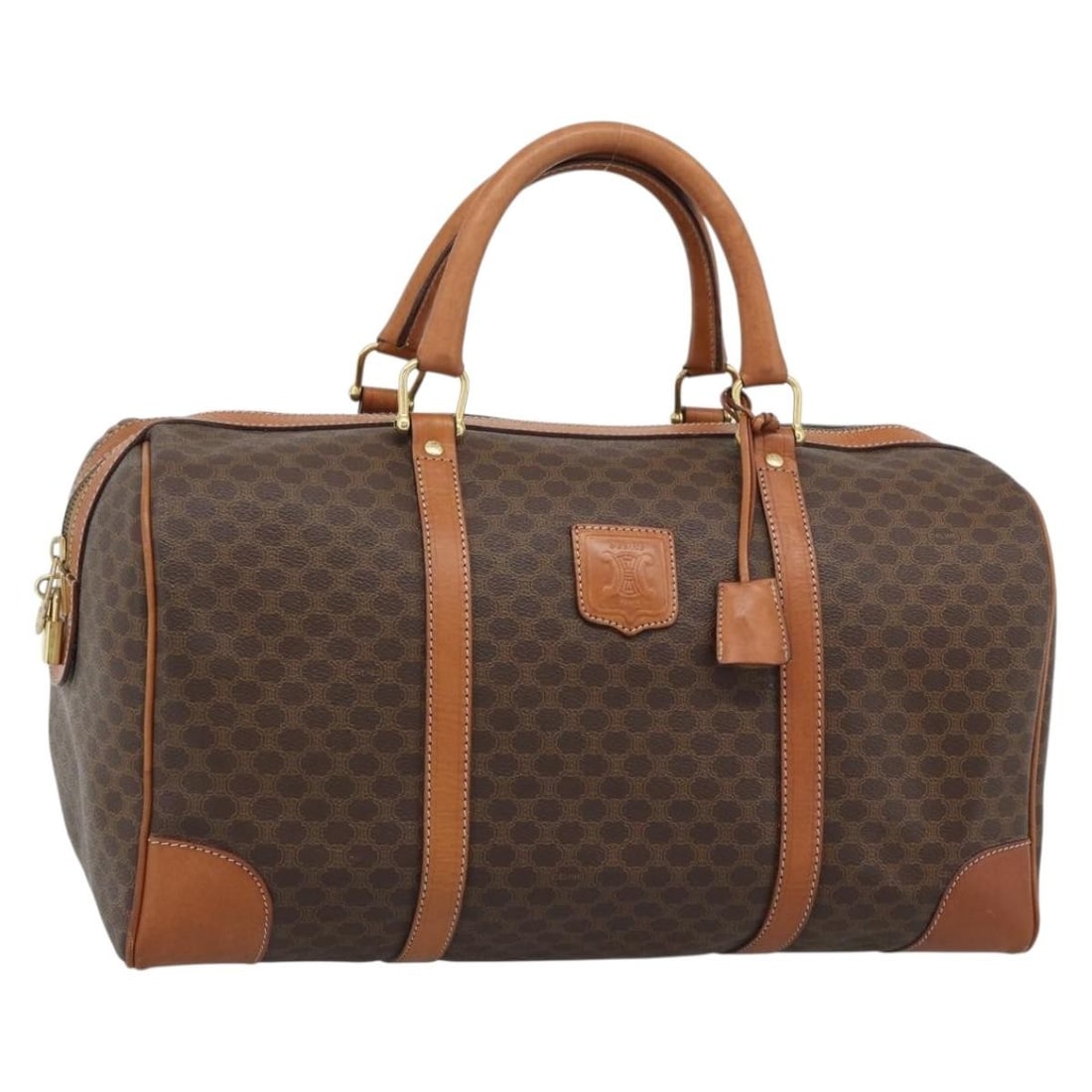 CELINE Macadam PVC Leather Boston Bag Brown with Key Clochette: CELINE Macadam PVC Leather Boston Bag Brown with Key Clochette Celine Macadam Boston bag in brown PVC leather and Macadam canvas with gold-tone accents. This women's bag includes two keys and a cloche