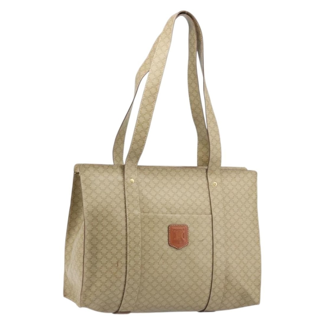 CELINE Macadam Tote Bag Beige Gold PVC Leather Italy: CELINE Macadam Tote Bag Beige Gold PVC Leather Italy Celine Macadam canvas tote bag in beige and gold with PVC leather trim. Made in Italy, this women's tote features a spacious everyday silhouette an