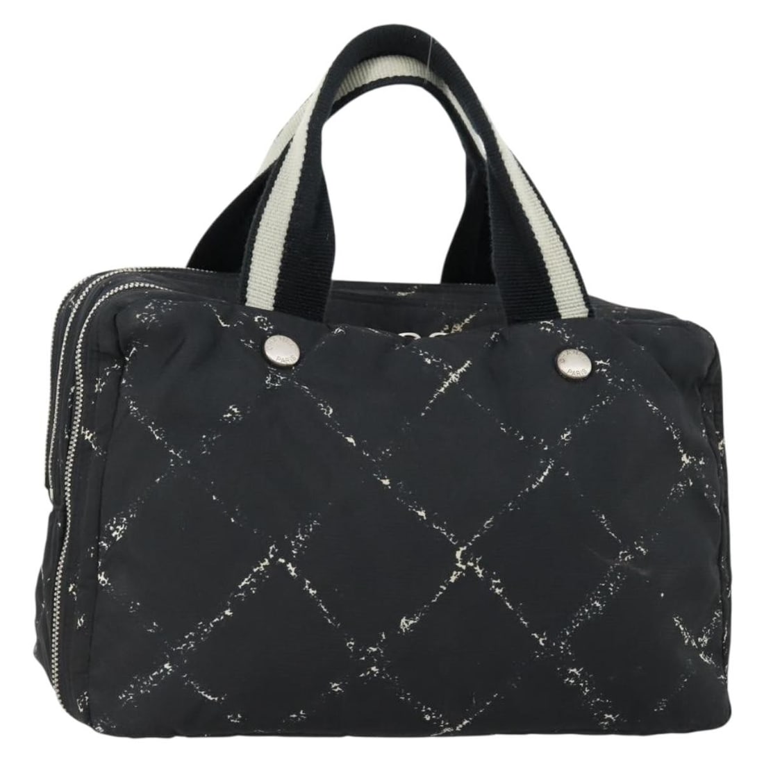 CHANEL Travel Line Black Silver Nylon Hand Bag with Dust Bag: CHANEL Travel Line Black Silver Nylon Hand Bag with Dust Bag Introducing the CHANEL New Travel Line Hand Bag, a stylish accessory perfect for any fashion enthusiast. Crafted from durable nylon in a so