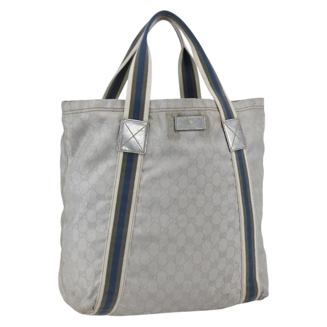 Gucci 189669 Sherry Line GG Canvas Tote in Gray Silver: Gucci 189669 Sherry Line GG Canvas Tote in Gray Silver Gucci Sherry Line tote bag in gray and silver GG canvas. This women's tote is made in Italy and features a heavily used condition with visible we
