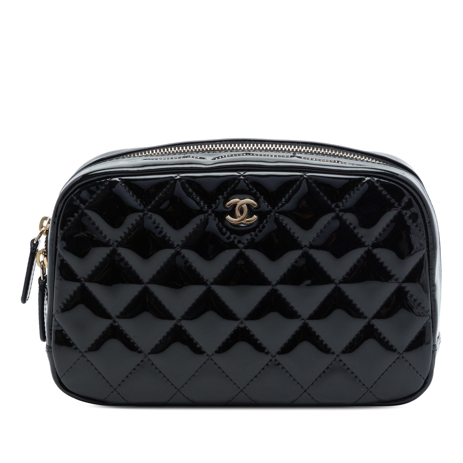Chanel CC Quilted Patent Cosmetic Pouch in Black Leather: Chanel CC Quilted Patent Cosmetic Pouch in Black Leather Chanel CC Quilted Patent Cosmetic Pouch in black leather with a quilted design and zip-around closure. The interior includes slip pockets for o