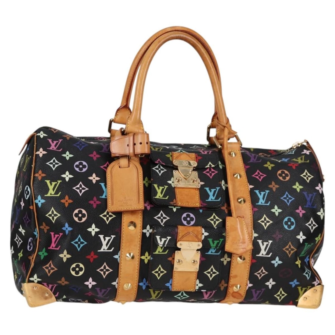 Louis Vuitton M92640 Keepall 45 Boston Bag in Black Monogram Multicolor: Louis Vuitton M92640 Keepall 45 Boston Bag in Black Monogram Multicolor Authentic Louis Vuitton Keepall 45 in Monogram Multicolor canvas with a black exterior. This women's Boston bag was made in Fran