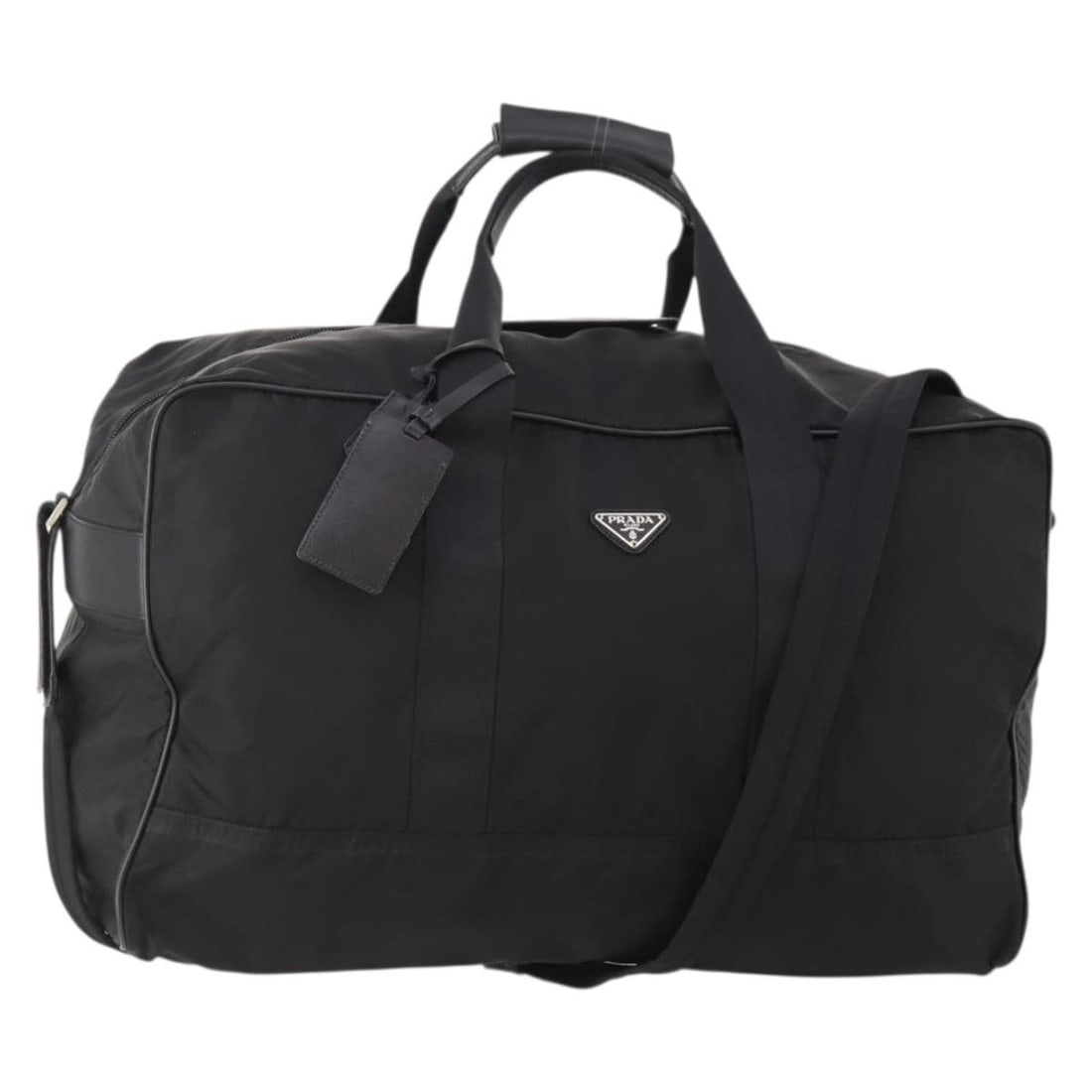 PRADA 2way Nylon Boston Bag Black Silver with Strap Padlock: PRADA 2way Nylon Boston Bag Black Silver with Strap Padlock Prada 2-way Boston bag in black nylon with silver-tone accents, made in Italy. This women's bag includes a padlock, two keys, clochette, nam
