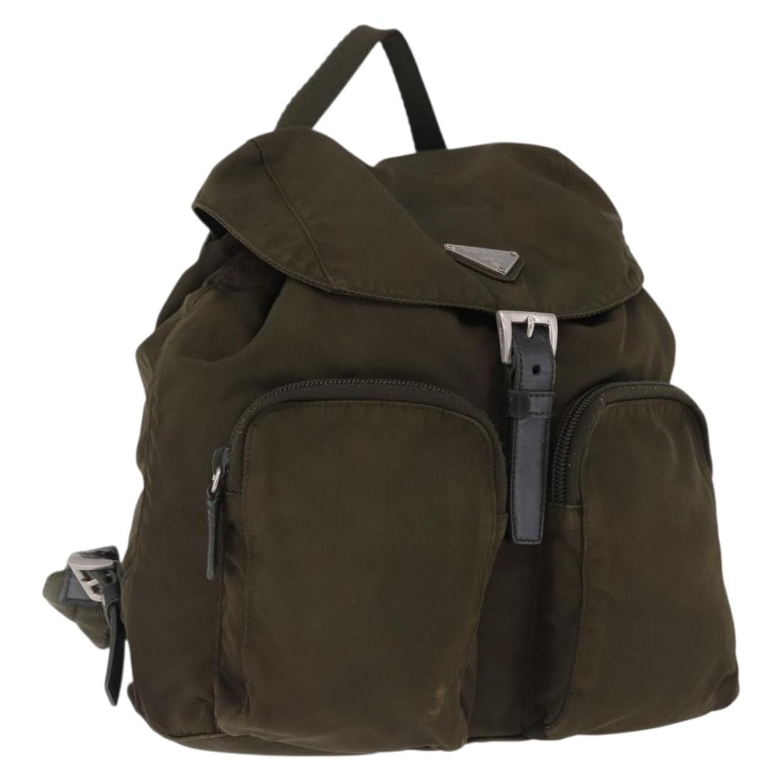 PRADA Nylon Backpack in Khaki with Silver Tone Guarantee Card: PRADA Nylon Backpack in Khaki with Silver Tone Guarantee Card Authentic Prada nylon backpack in khaki and silver. This women's bag includes the guarantee card and is made in Italy. It shows heavy use 