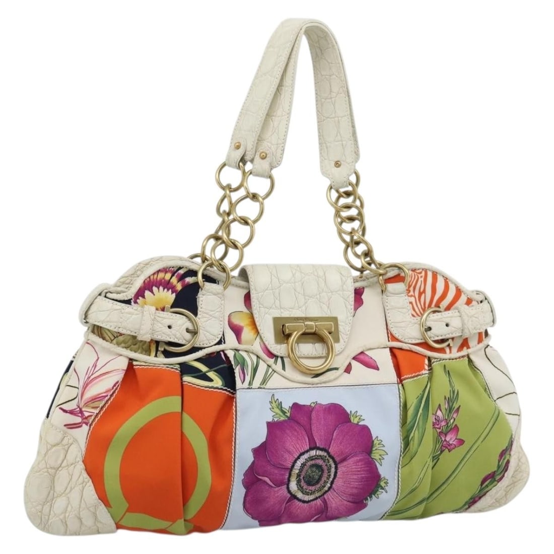Salvatore Ferragamo Gancini Nylon Handbag White Gold Tone Italy: Salvatore Ferragamo Gancini Nylon Handbag White Gold Tone Italy Salvatore Ferragamo Gancini chain handbag in white and gold nylon. This women's handbag includes a dust bag and was made in Italy. Condi