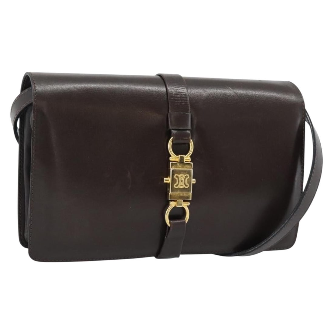 CELINE Brown Leather Shoulder Bag Gold Tone Hardware: CELINE Brown Leather Shoulder Bag Gold Tone Hardware Authentic CELINE shoulder bag in brown leather with gold-tone accents. This women's bag has a slim profile and includes the item shown in the photo