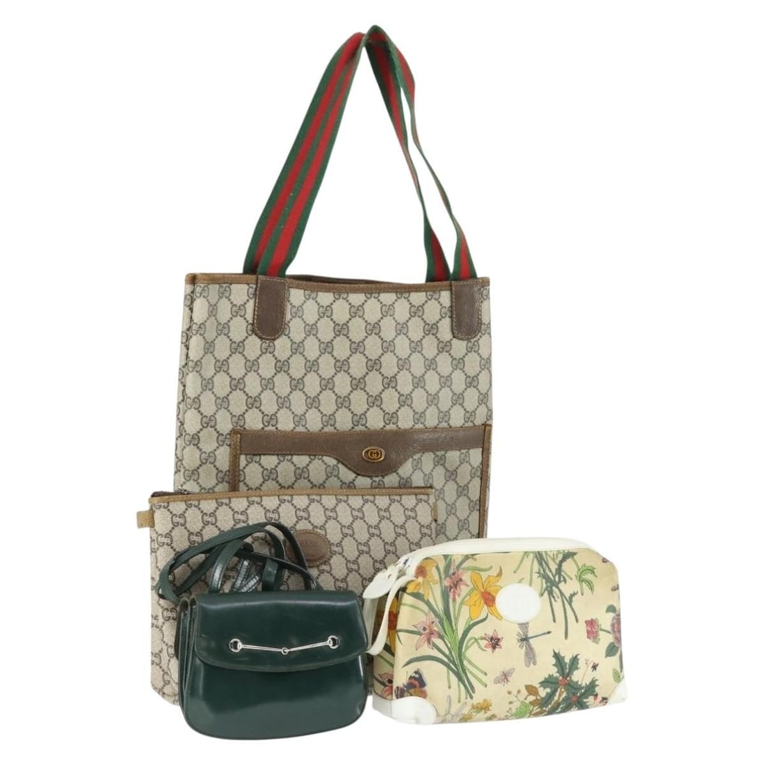 Gucci Sherry Line Beige Green PVC Tote Bag 4 Piece Set: Gucci Sherry Line Beige Green PVC Tote Bag 4 Piece Set This is a special set of four GUCCI GG Supreme GG Plus Web Sherry Line tote bags crafted from beige and green PVC leather and GG canvas. Designed