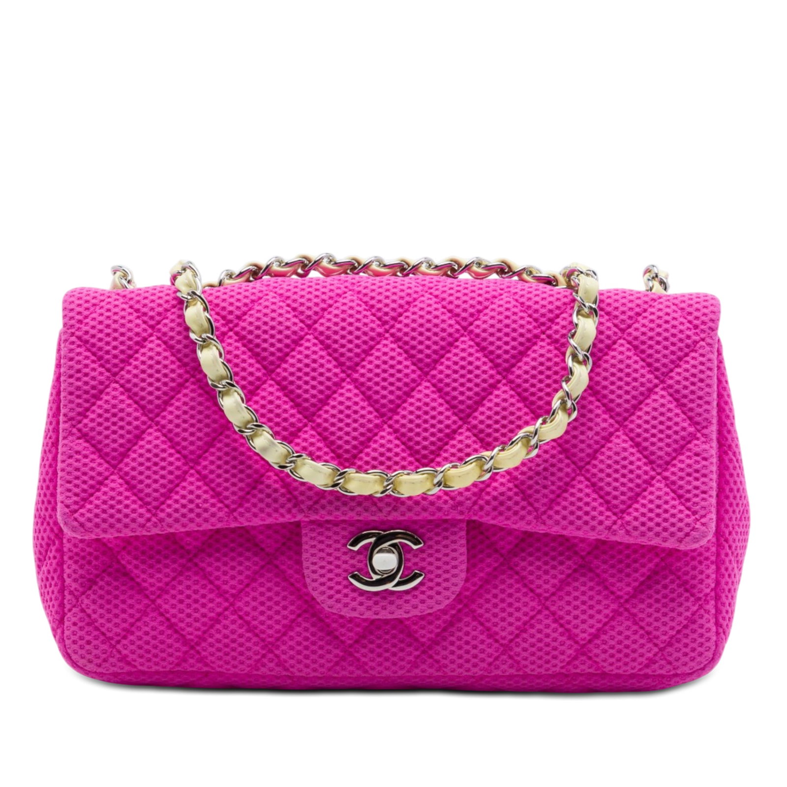 Chanel Medium Classic Mesh Single Flap Pink Shoulder Bag: Chanel Medium Classic Mesh Single Flap Pink Shoulder Bag Medium Classic Mesh Single Flap shoulder bag with a quilted neoprene body, woven leather chain shoulder straps, and a flap closure with CC turn