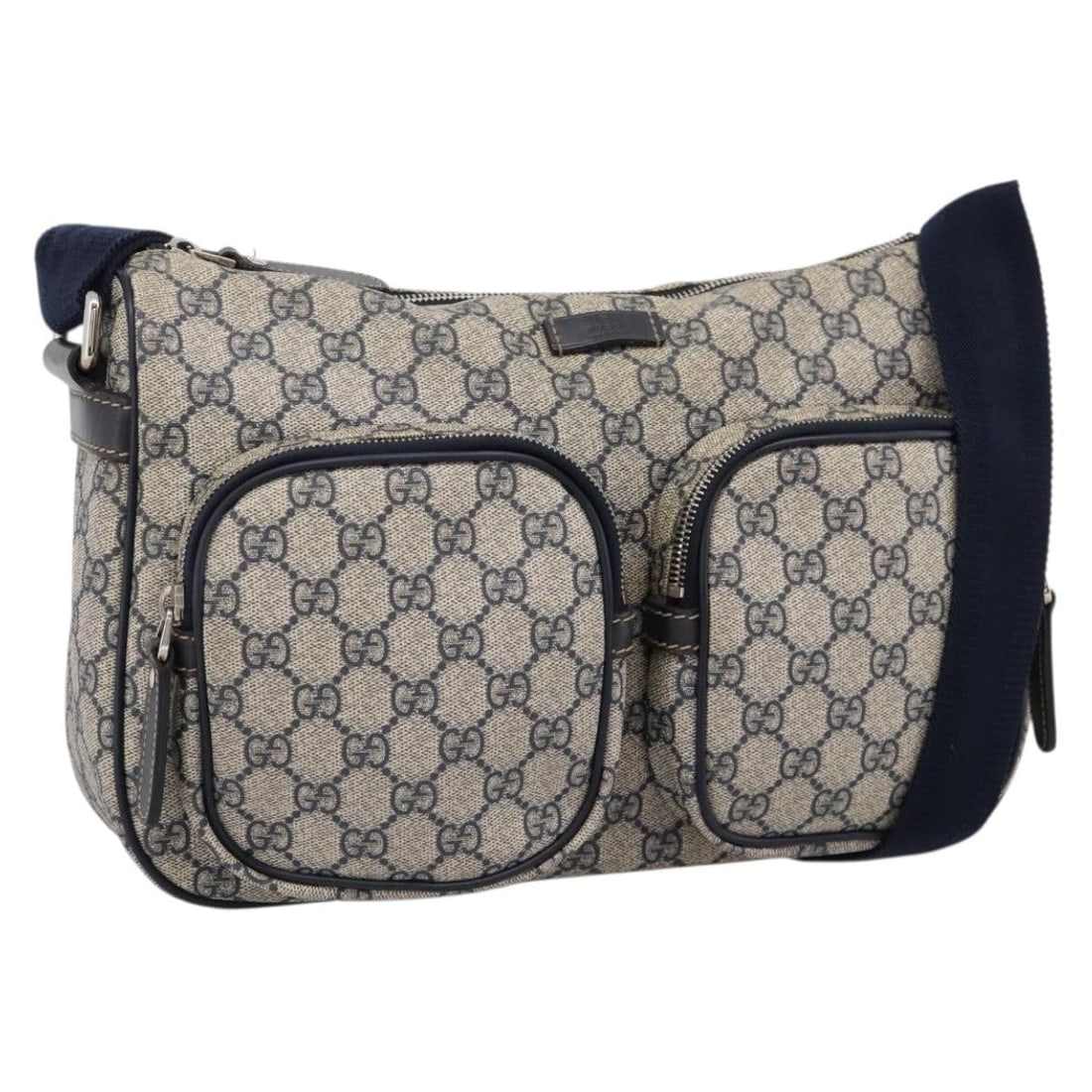 GUCCI 246881 GG Supreme PVC Leather Shoulder Bag Navy Silver: GUCCI 246881 GG Supreme PVC Leather Shoulder Bag Navy Silver Gucci shoulder bag in navy GG Supreme canvas with PVC leather trim and silver-tone accents. This women's bag is made in Italy and features 