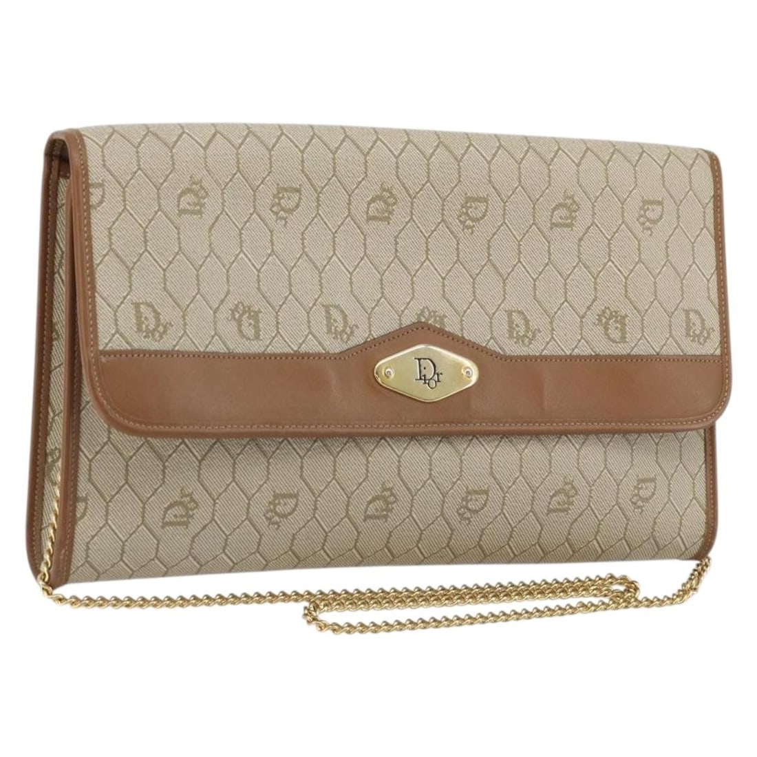 Christian Dior Honeycomb Canvas Shoulder Bag Beige Gold Chain Strap: Christian Dior Honeycomb Canvas Shoulder Bag Beige Gold Chain Strap Authentic Christian Dior shoulder bag in beige and gold honeycomb canvas with PVC leather trim and a chain shoulder strap. Made in F