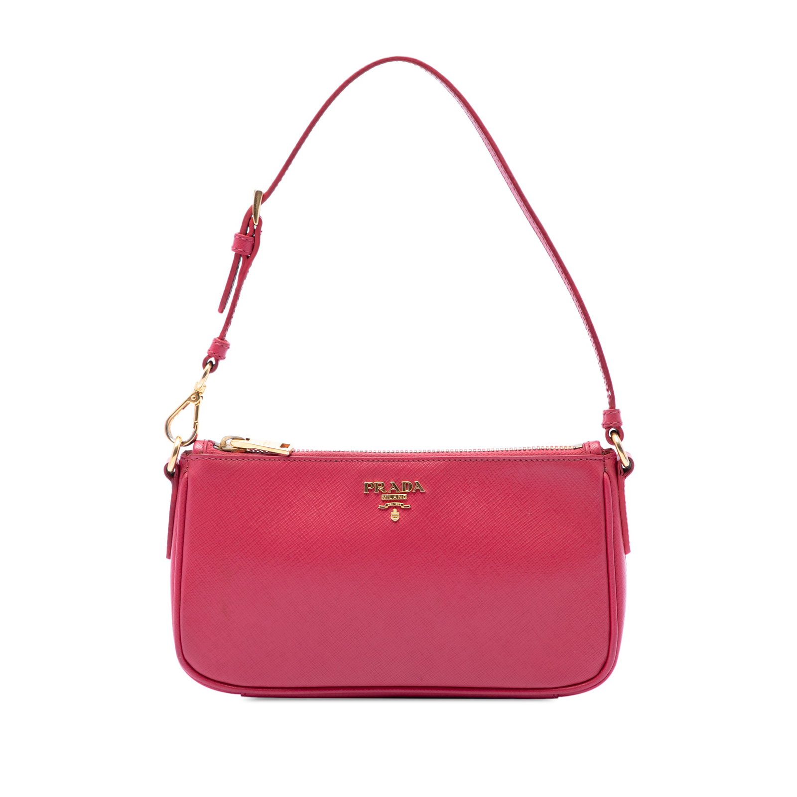 Prada Saffiano Leather Shoulder Bag Pink Made in Italy: Prada Saffiano Leather Shoulder Bag Pink Made in Italy Prada Saffiano shoulder bag in pink leather with an adjustable flat leather strap, top zip closure, and an interior zip pocket. Made in Italy. Co