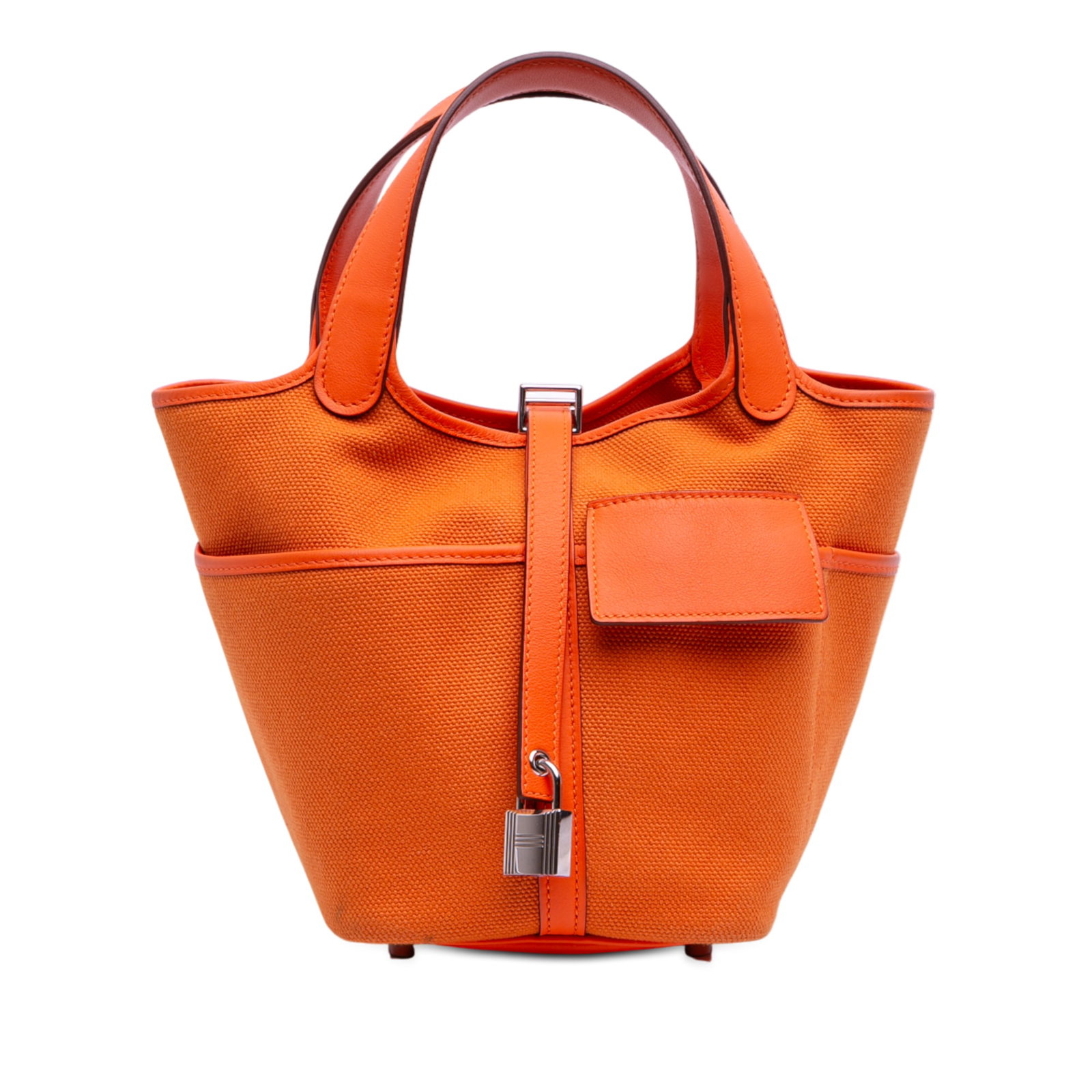 Hermes Cargo Picotin Lock 18 Orange Canvas and Swift Leather Handbag: Hermes Cargo Picotin Lock 18 Orange Canvas and Swift Leather Handbag This Hermes Cargo Picotin Lock 18 handbag features a canvas body with Swift leather trim in an orange color. It is designed with fl