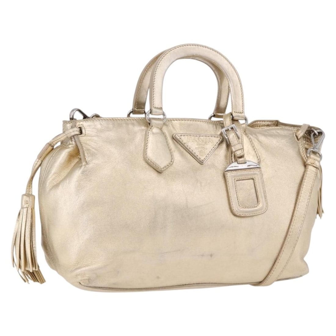 PRADA Leather 2way Hand Bag Silver Gold with Shoulder Strap: PRADA Leather 2way Hand Bag Silver Gold with Shoulder Strap Prada women's 2-way leather handbag in silver and gold, made in Italy. This bag includes a name tag and shoulder strap, and can be carried b