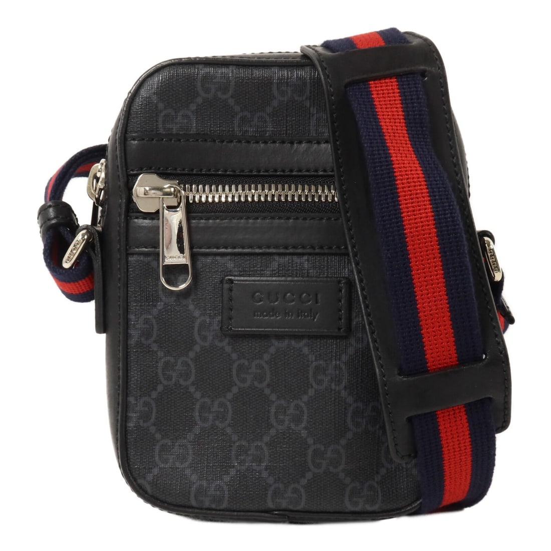 Gucci 598103 black coated canvas shoulder messenger bag: Gucci 598103 black coated canvas shoulder messenger bag Black Gucci messenger shoulder bag in PVC coated canvas with GG patterning and silver-tone hardware. Designed with a zip pocket and includes sto
