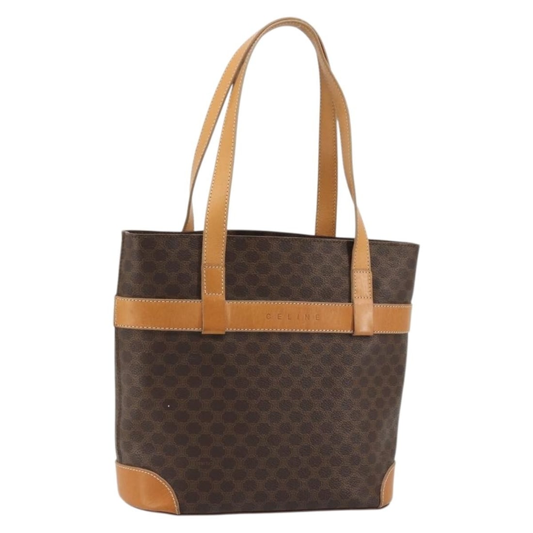 CELINE Macadam Tote Bag Brown PVC Leather Gold Tone: CELINE Macadam Tote Bag Brown PVC Leather Gold Tone CELINE Macadam Canvas Tote Bag in brown and gold PVC leather with Macadam canvas details. This women's tote is made in Italy and features a compact 