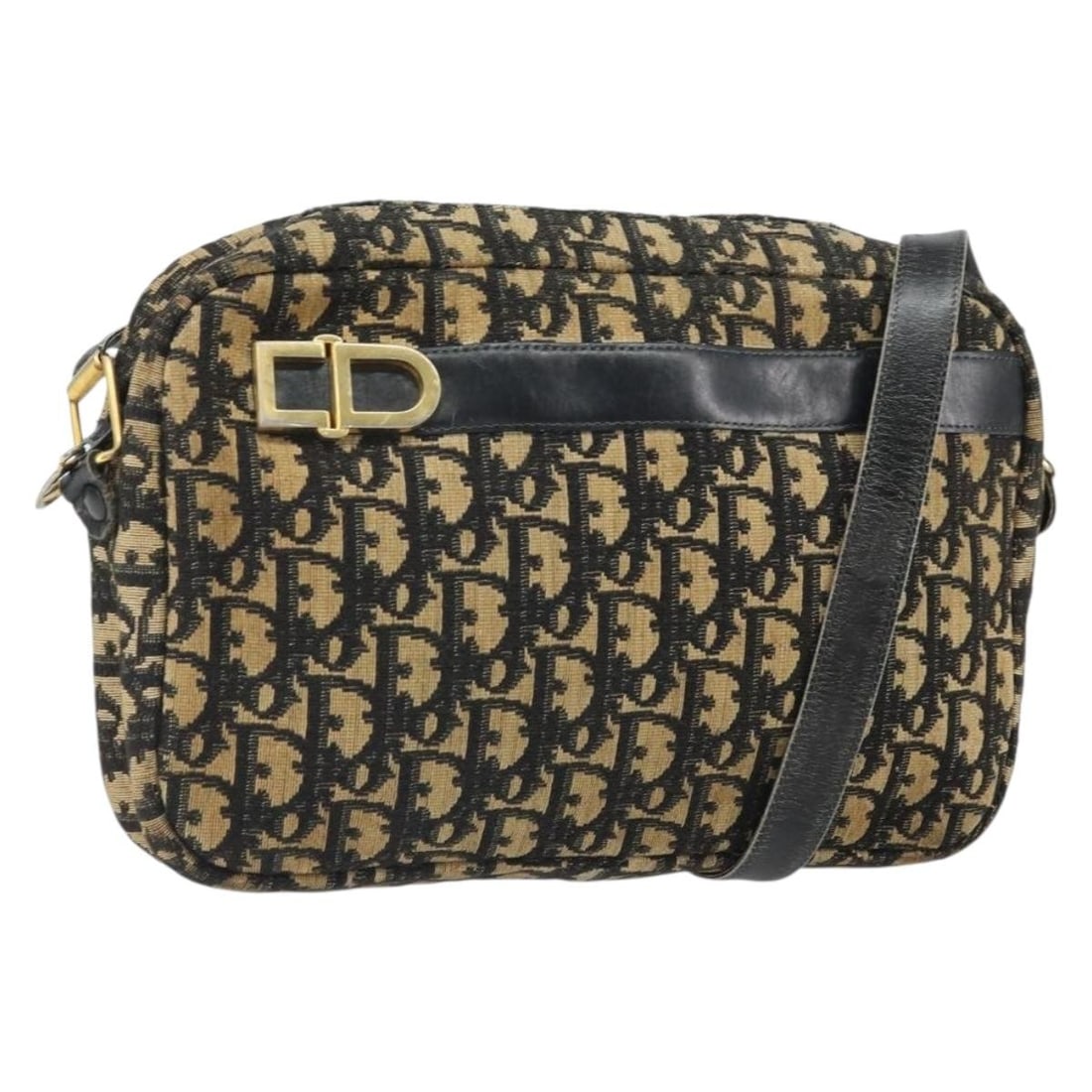 Navy Trotter Canvas Shoulder Bag by Christian Dior Gold Accents: Navy Trotter Canvas Shoulder Bag by Christian Dior Gold Accents This Christian Dior shoulder bag features the signature Trotter canvas in navy and gold tones. The bag is heavily used and shows signs o