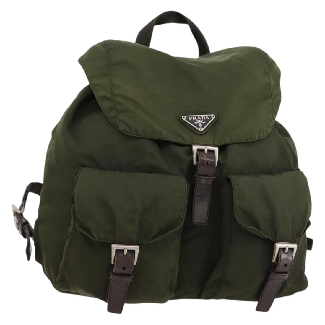 Prada Nylon Khaki Silver Backpack Italy 10.6in x 11in: Prada Nylon Khaki Silver Backpack Italy 10.6in x 11in This PRADA backpack features a khaki and silver nylon exterior, offering a stylish and practical design. The bag is made in Italy and is tailored 